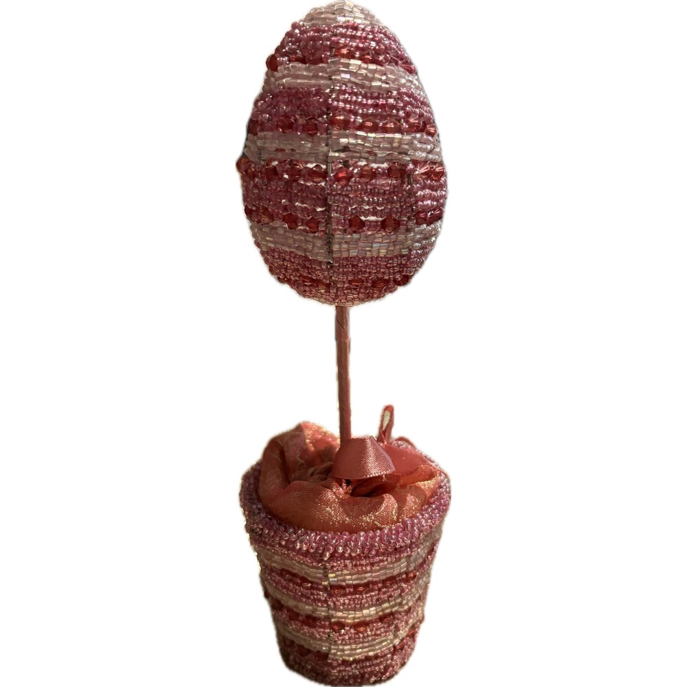 Pink Beaded Easter Egg Topiary Tabletop Decor Striped‎ Crystal Accent